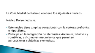 La Zona Medial del tálamo contiene los siguientes núcleos:
Núcleo Dorsomediano.
 Este núcleo tiene amplias conexiones con la corteza prefrontal
e hipotálamo.
 Participa en la integración de aferencias viscerales, olfativas y
somáticas, así como en mecanismos que permiten
percepciones subjetivas y emotivas.
 