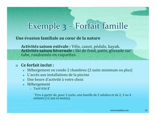 Exemple 3                           Forfait famille
Une évasion familiale au c ur de la nature
    Activités saison estivale : Vélo, canot, pédalo, kayak.
    Activités saison hivernale : Ski de fond, patin, glissade sur
    tube, randonnée en raquettes.

p   Ce forfait inclut :
     n   Hébergement en condo 2 chambres (2 nuits minimum ou plus)
     n   L'accès aux installations de la piscine
     n   Une heure d'activité à votre choix
     n   Hébergement
          n   Tarif 436 $*
              *Prix à partir de, pour 2 nuits, une famille de 2 adultes et de 2, 3 ou 4
              enfants (12 ans et moins).


                                                                       www.madelis.com    15
 