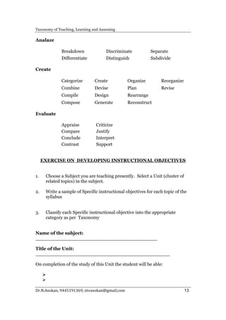Taxonomy of Teaching Learning Assessing Content | PDF