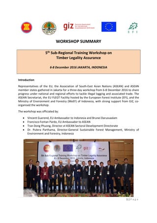 1 | P a g e
WORKSHOP SUMMARY
5th Sub-Regional Training Workshop on
Timber Legality Assurance
6-8 December 2016 JAKARTA, IN...