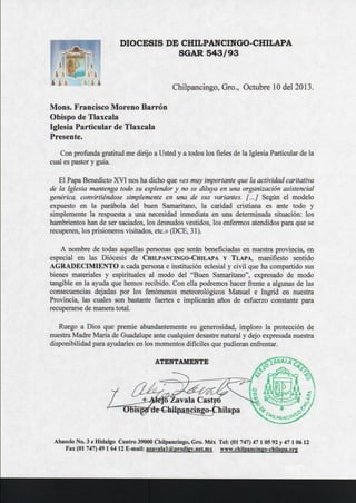 Carta de gratitud a la Diócesis de Tlaxcala 