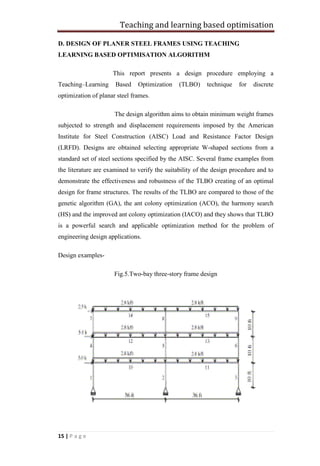 Teaching and learning based optimisation
15 | P a g e
D. DESIGN OF PLANER STEEL FRAMES USING TEACHING
LEARNING BASED OPTIMISATION ALGORITHM
This report presents a design procedure employing a
Teaching–Learning Based Optimization (TLBO) technique for discrete
optimization of planar steel frames.
The design algorithm aims to obtain minimum weight frames
subjected to strength and displacement requirements imposed by the American
Institute for Steel Construction (AISC) Load and Resistance Factor Design
(LRFD). Designs are obtained selecting appropriate W-shaped sections from a
standard set of steel sections specified by the AISC. Several frame examples from
the literature are examined to verify the suitability of the design procedure and to
demonstrate the effectiveness and robustness of the TLBO creating of an optimal
design for frame structures. The results of the TLBO are compared to those of the
genetic algorithm (GA), the ant colony optimization (ACO), the harmony search
(HS) and the improved ant colony optimization (IACO) and they shows that TLBO
is a powerful search and applicable optimization method for the problem of
engineering design applications.
Design examples-
Fig.5.Two-bay three-story frame design
 
