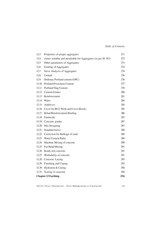 Table of Contents

12.3   Properties of proper aggregates                                           271
12.4   stones suitable and unsuitable for Aggregates (as per IS 383)             272
12.5   Other parameters of Aggregates                                            273
12.6   Grading of Aggregates                                                     274
12.7   Sieve Analysis of Aggregates                                              274
12.8   Cement                                                                    276
12.9   Ordinary Portland cement (OPC)                                            276
12.10 Portland Pozzolana Cement                                                  277
12.11 Portland Slag Cement                                                       278
12.12 Cement Grades                                                              280
12.13 Reinforcement                                                              281
12.14 Water                                                                      284
12.15 Additives                                                                  285
12.16 Cover for RCC Work and Cover Blocks                                        285
12.17 Rebar/Reinforcement Binding                                                286
12.18 Formwork                                                                   287
12.19 Concrete grades                                                            287
12.20 Mix Designing                                                              287
12.21 Standard mixes                                                             288
12.22 Correction for Bulkage of sand                                             289
12.23 Water Cement Ratio                                                         289
12.24 Machine Mixing of concrete                                                 290
12.25 For Hand Mixing                                                            291
12.26 Ready mix concrete                                                         291
12.27 Workability of concrete                                                    291
12.28 Concrete Laying                                                            293
12.29 Finishing and Coping                                                       293
12.30 Hydration & Curing                                                         294
12.31 Testing of concrete                                                        294
Chapter 13 Earthing                                                              296


Electric Power Transmission - Tower Manufacturing to Construction                 viii
 