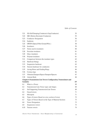 Table of Contents


5.21   SD (Self Damping Conductor) (Gap Conductor)                                55
5.22   MR (Motion Resistant) Conductors                                           55
5.23   Conductor Designation                                                      56
5.24   Earthwire                                                                  57
5.25   OPGW (Optical Fibre Ground Wire.)                                          58
5.26   Insulators                                                                 59
5.27   Terms used in insulators                                                   60
5.28   Porcelain insulators                                                       61
5.29   Glass insulators                                                           61
5.30   Polymer insulators                                                         61
5.31   Comparison between the insulator types                                     62
5.32   Hardware fittings                                                          62
5.33   Suspension hardware                                                        63
5.34   Tension hardware for conductors                                            64
5.35   Arcing Horns and Grading Rings                                             66
5.36   Corona rings                                                               66
5.37   Vibration Dampers/Spacer Dampers/Spacers                                   67
5.38   Armour Rods                                                                68
Chapter 6 Transmission Line Towers Configuration, Nomenclature and
Geometry                                                                          69
6.1    What is a Tower                                                            69
6.2    Transmission Line Tower types and shapes                                   69
6.3    Self Supporting Transmission Line Towers                                   69
6.4    Guyed towers                                                               71
6.5    Monopole                                                                   71
6.6    Types of towers Based on cross section of tower                            72
6.7    Types of Towers Based on the Type of Material Sections                     73
6.8    Tower Designation                                                          73
6.9    Suspension towers                                                          73
6.10   Tension towers                                                             74


Electric Power Transmission - Tower Manufacturing to Construction
                                                                                   iii
 
