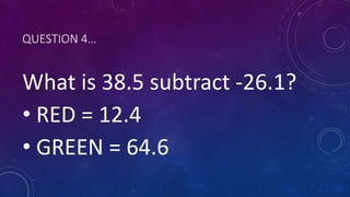 QUESTION 4…
What is 38.5 subtract -26.1?
• RED = 12.4
• GREEN = 64.6
 