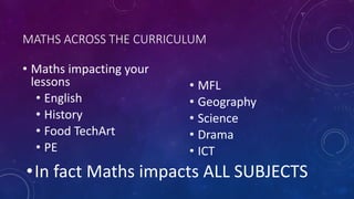 MATHS ACROSS THE CURRICULUM
• Maths impacting your
lessons
• English
• History
• Food TechArt
• PE
• MFL
• Geography
• Science
• Drama
• ICT
•In fact Maths impacts ALL SUBJECTS
 