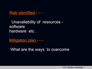 Risk identified  - - - Unavailability of  resources - software hardware  etc . Mitigation plan  - - -  What are the ways  to overcome 