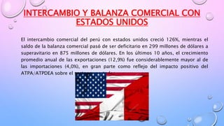 INTERCAMBIO Y BALANZA COMERCIAL CON
ESTADOS UNIDOS
El intercambio comercial del perú con estados unidos creció 126%, mientras el
saldo de la balanza comercial pasó de ser deficitario en 299 millones de dólares a
superavitario en 875 millones de dólares. En los últimos 10 años, el crecimiento
promedio anual de las exportaciones (12,9%) fue considerablemente mayor al de
las importaciones (4,0%), en gran parte como reflejo del impacto positivo del
ATPA/ATPDEA sobre el sector exportador.
 
