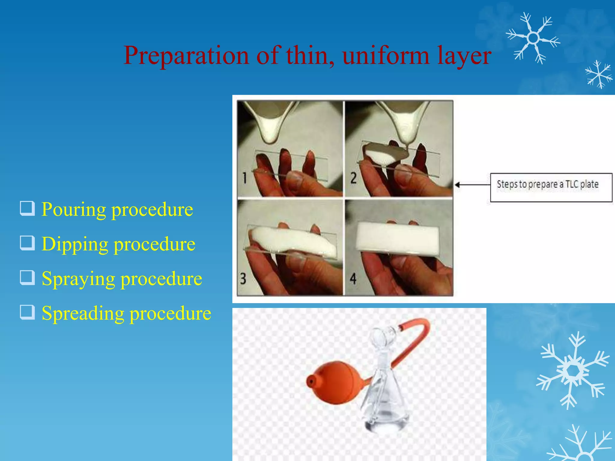 Preparation of thin, uniform layer
 Pouring procedure
 Dipping procedure
 Spraying procedure
 Spreading procedure
 