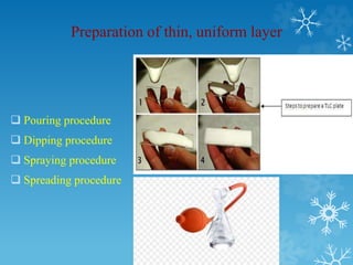 Preparation of thin, uniform layer
 Pouring procedure
 Dipping procedure
 Spraying procedure
 Spreading procedure
 