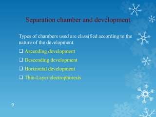 Separation chamber and development
Types of chambers used are classified according to the
nature of the development.
 Ascending development
 Descending development
 Horizontal development
 Thin-Layer electrophoresis
9
 