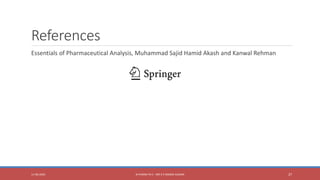 References
Essentials of Pharmaceutical Analysis, Muhammad Sajid Hamid Akash and Kanwal Rehman
11-06-2020 B PHARM PA II - MR K V NANDA KUMAR 27
 