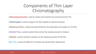 Components of Thin Layer
Chromatography
Developing Chamber: used to create and maintain the environment for TLC.
Solid Support: used to support TLC film coated on stationary phase.
Stationary Phase: used to provide facility for the adsorption of analyte on TLC film.
Mobile Phase: solvent system that carries the analyte present in mixture
Pipette: used to load the samples on the stationary phase of TLC film
Forceps: used to handle the TLC plates during and after experiment
11-06-2020 B PHARM PA II - MR K V NANDA KUMAR 9
 