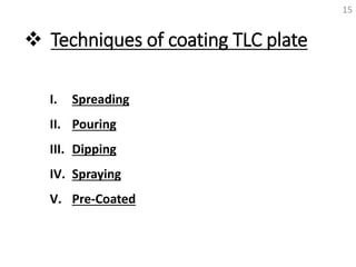  Techniques of coating TLC plate
15
I. Spreading
II. Pouring
III. Dipping
IV. Spraying
V. Pre-Coated
 