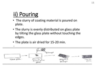 ii) Pouring
• The slurry of coating material is poured on
plate.
• The slurry is evenly distributed on glass plate
by tilting the glass plate without touching the
edges.
• The plate is air dried for 15-20 min.
18
 
