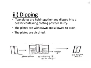 iii) Dipping
• Two plates are held together and dipped into a
beaker containing coating powder slurry.
• The plates are withdrawn and allowed to drain.
• The plates are air dried.
19
 