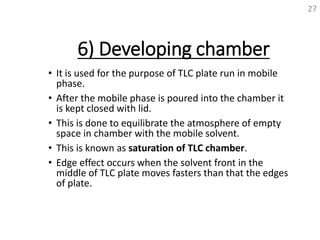 6) Developing chamber
• It is used for the purpose of TLC plate run in mobile
phase.
• After the mobile phase is poured into the chamber it
is kept closed with lid.
• This is done to equilibrate the atmosphere of empty
space in chamber with the mobile solvent.
• This is known as saturation of TLC chamber.
• Edge effect occurs when the solvent front in the
middle of TLC plate moves fasters than that the edges
of plate.
27
 