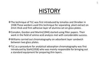 HISTORY
The technique of TLC was first introduced by Izmailov and Shraiber in
1938.These workers used this technique for separating plant extract on
2mm thick and firm adhesive layer of alumina set on glass plates .
Consden, Gordon and Martin(1944) started using filter papers. Their
work in the field of amino acid analysis met with considerable success.
Williams carried out chromatography on adsorbent layer sandwich
between two glass plates.
TLC as a procedure for analytical adsorption chromatography was first
introduced by Stahl(1958) who was mainly responsible for bringing out
a standard equipment for preparing thin layers.
5
 