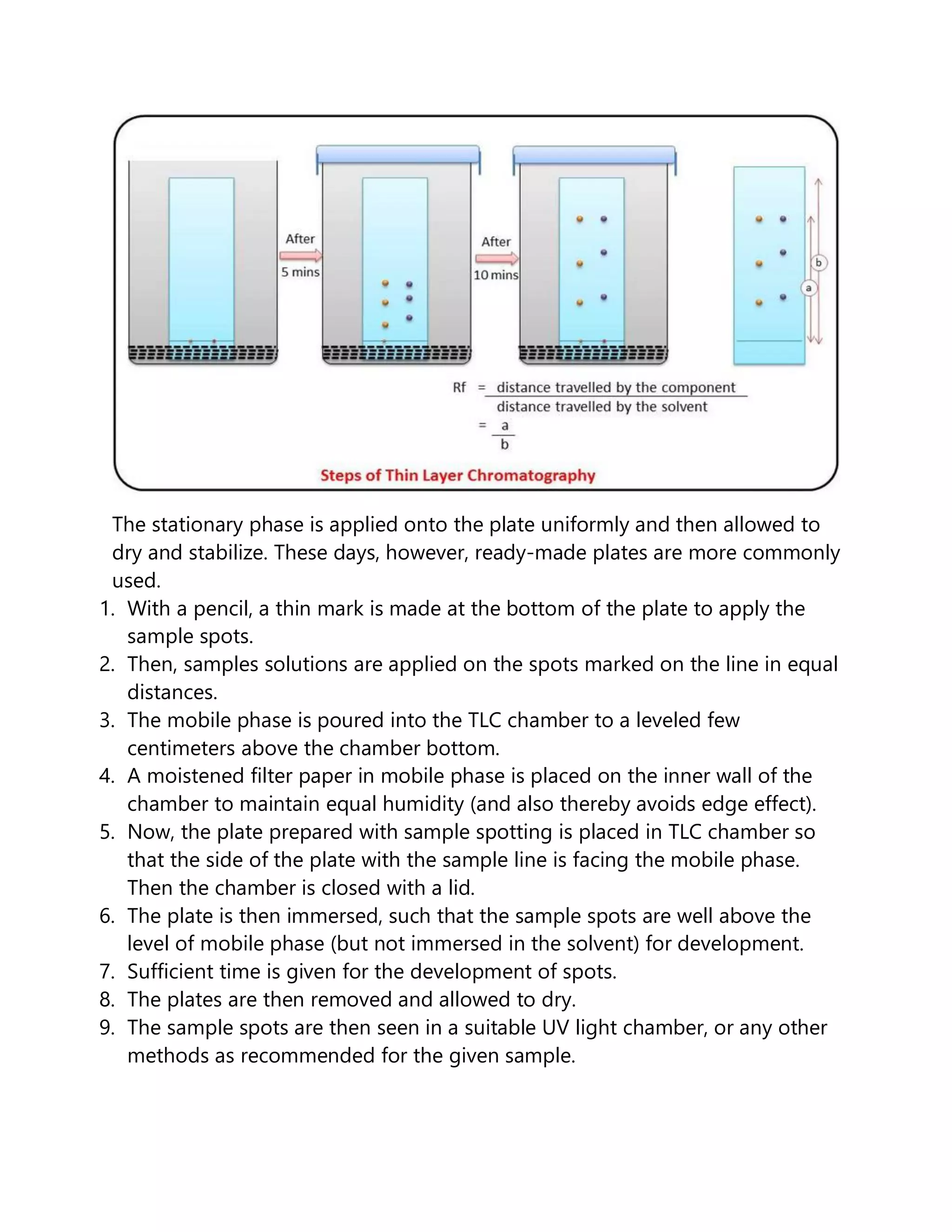 The stationary phase is applied onto the plate uniformly and then allowed to
dry and stabilize. These days, however, ready-made plates are more commonly
used.
1. With a pencil, a thin mark is made at the bottom of the plate to apply the
sample spots.
2. Then, samples solutions are applied on the spots marked on the line in equal
distances.
3. The mobile phase is poured into the TLC chamber to a leveled few
centimeters above the chamber bottom.
4. A moistened filter paper in mobile phase is placed on the inner wall of the
chamber to maintain equal humidity (and also thereby avoids edge effect).
5. Now, the plate prepared with sample spotting is placed in TLC chamber so
that the side of the plate with the sample line is facing the mobile phase.
Then the chamber is closed with a lid.
6. The plate is then immersed, such that the sample spots are well above the
level of mobile phase (but not immersed in the solvent) for development.
7. Sufficient time is given for the development of spots.
8. The plates are then removed and allowed to dry.
9. The sample spots are then seen in a suitable UV light chamber, or any other
methods as recommended for the given sample.
 