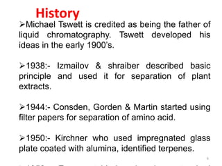 History
Michael Tswett is credited as being the father of
liquid chromatography. Tswett developed his
ideas in the early 1900’s.
1938:- Izmailov & shraiber described basic
principle and used it for separation of plant
extracts.
1944:- Consden, Gorden & Martin started using
filter papers for separation of amino acid.
1950:- Kirchner who used impregnated glass
plate coated with alumina, identified terpenes.
6
 