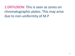 2.DIFFUSION: This is seen as zones on
chromatographic plates. This may arise
due to non-uniformity of M.P
69
 