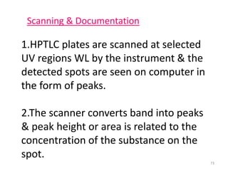 Scanning & Documentation
1.HPTLC plates are scanned at selected
UV regions WL by the instrument & the
detected spots are seen on computer in
the form of peaks.
2.The scanner converts band into peaks
& peak height or area is related to the
concentration of the substance on the
spot.
73
 