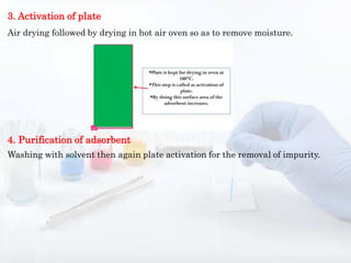 3. Activation of plate
Air drying followed by drying in hot air oven so as to remove moisture.
4. Purification of adsorbent
Washing with solvent then again plate activation for the removal of impurity.
 