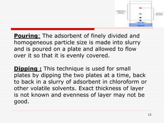 12
Pouring: The adsorbent of finely divided and
homogeneous particle size is made into slurry
and is poured on a plate and allowed to flow
over it so that it is evenly covered.
Dipping : This technique is used for small
plates by dipping the two plates at a time, back
to back in a slurry of adsorbent in chloroform or
other volatile solvents. Exact thickness of layer
is not known and evenness of layer may not be
good.
 