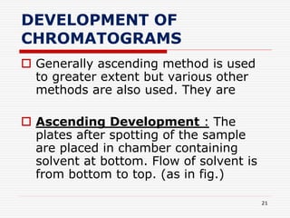DEVELOPMENT OF
CHROMATOGRAMS
 Generally ascending method is used
to greater extent but various other
methods are also used. They are
 Ascending Development : The
plates after spotting of the sample
are placed in chamber containing
solvent at bottom. Flow of solvent is
from bottom to top. (as in fig.)
21
 