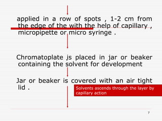 7
applied in a row of spots , 1-2 cm from
the edge of the with the help of capillary ,
micropipette or micro syringe .
Chromatoplate is placed in jar or beaker
containing the solvent for development
Jar or beaker is covered with an air tight
lid . Solvents ascends through the layer by
capillary action
 