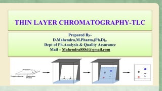 THIN LAYER CHROMATOGRAPHY-TLC
Prepared By-
D.Mahendra,M.Pharm,(Ph.D),.
Dept of Ph.Analysis & Quality Assurance
Mail – Mahendra888d@gmail.com
 