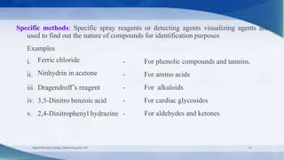 Specific methods: Specific spray reagents or detecting agents visualizing agents are
used to find out the nature of compounds for identification purposes
Examples
i.
ii.
Ferric chloride
Ninhydrin in acetone
iii. Dragendroff’s reagent
iv. 3,5-Dinitro benzoic acid
v. 2,4-Dinitrophenyl hydrazine -
- For phenolic compounds and tannins.
- For amino acids
- For alkaloids
- For cardiac glycosides
For aldehydes and ketones
Vignan Pharmacy College, vadlamudi, guntur, A.P 21
 