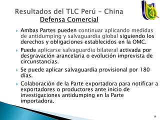  Ambas Partes pueden continuar aplicando medidas
de antidumping y salvaguardia global siguiendo los
derechos y obligaciones establecidos en la OMC.
 Puede aplicarse salvaguardia bilateral activada por
desgravación arancelaria o evolución imprevista de
circunstancias.
 Se puede aplicar salvaguardia provisional por 180
días.
 Colaboración de la Parte exportadora para notificar a
exportadores o productores ante inicio de
investigaciones antidumping en la Parte
importadora.
18
 