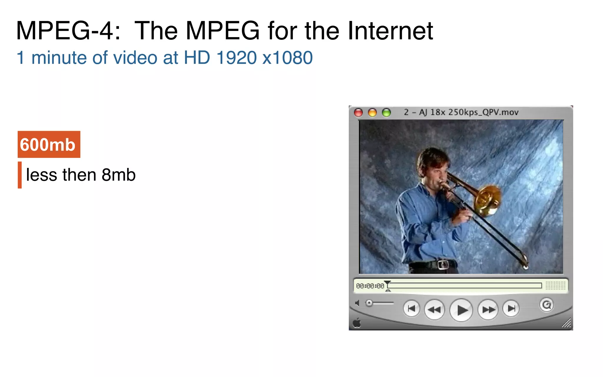 less then 8mb
MPEG-4: The MPEG for the Internet
1 minute of video at HD 1920 x1080
600mb
 