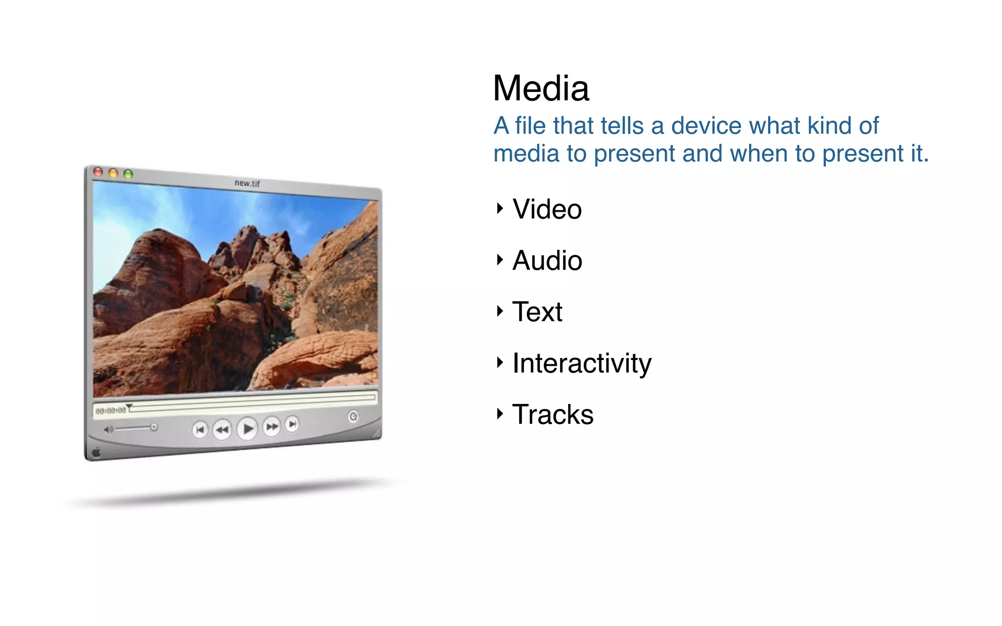A ﬁle that tells a device what kind of
media to present and when to present it.
‣ Video
‣ Audio
‣ Text
‣ Interactivity
‣ Tracks
Media
 