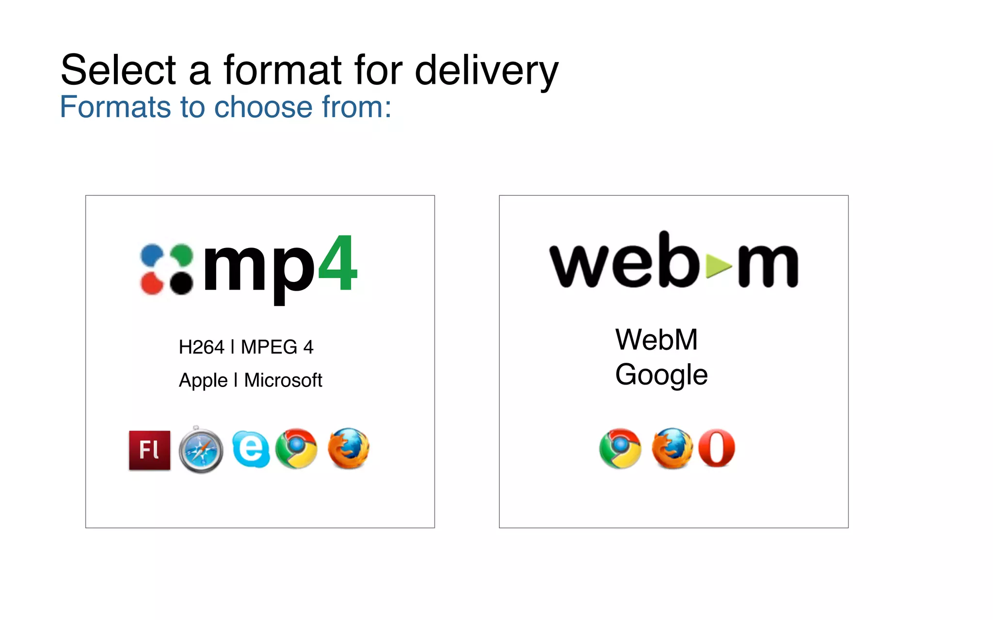 WebM 
Google
H264 | MPEG 4
Apple | Microsoft
mp4
Formats to choose from:
Select a format for delivery
 
