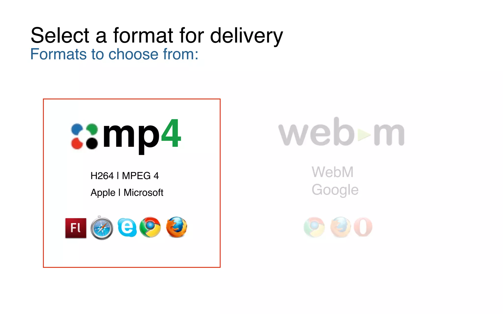 WebM 
Google
H264 | MPEG 4
Apple | Microsoft
mp4
Formats to choose from:
Select a format for delivery
 