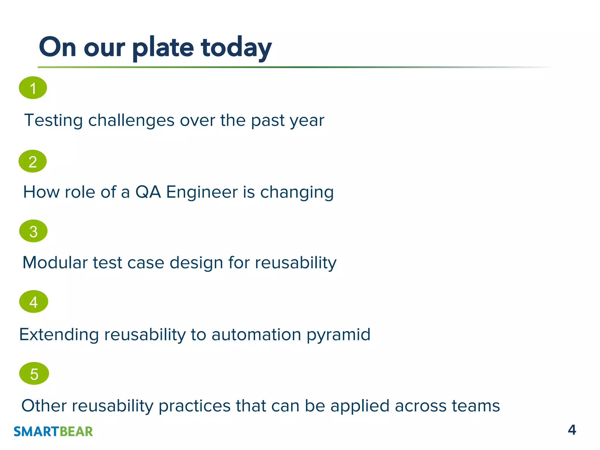 4
On our plate today
1
Testing challenges over the past year
2
How role of a QA Engineer is changing
3
Modular test case design for reusability
4
Extending reusability to automation pyramid
5
Other reusability practices that can be applied across teams
 