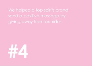 We helped a top spirits brand
send a positive message by
giving away free taxi rides.
#4
 