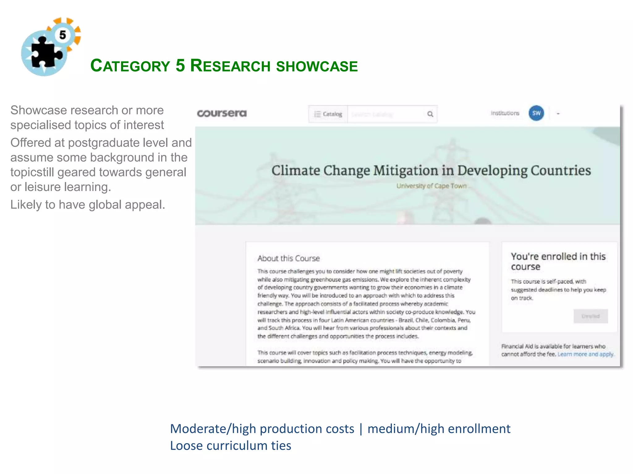 CATEGORY 5 RESEARCH SHOWCASE
Showcase research or more
specialised topics of interest
Offered at postgraduate level and
assume some background in the
topicstill geared towards general
or leisure learning.
Likely to have global appeal.
Moderate/high production costs | medium/high enrollment
Loose curriculum ties
 