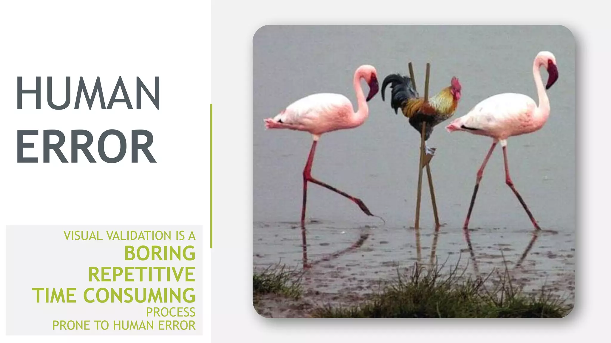 HUMAN
ERROR
VISUAL VALIDATION IS A
BORING
REPETITIVE
TIME CONSUMING
PROCESS
PRONE TO HUMAN ERROR
 