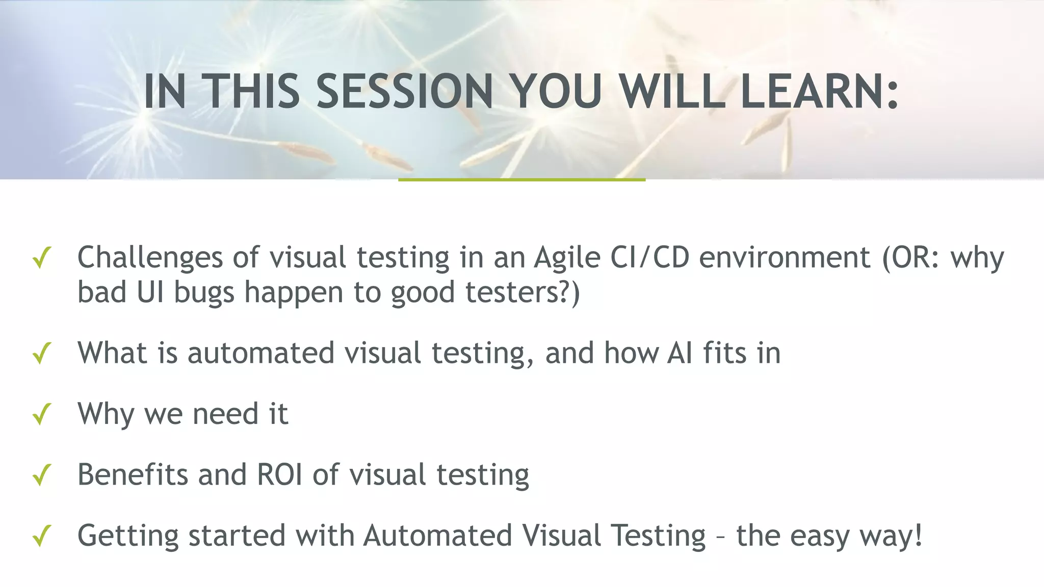 IN THIS SESSION YOU WILL LEARN:
✓ Challenges of visual testing in an Agile CI/CD environment (OR: why
bad UI bugs happen to good testers?)
✓ What is automated visual testing, and how AI fits in
✓ Why we need it
✓ Benefits and ROI of visual testing
✓ Getting started with Automated Visual Testing – the easy way!
 