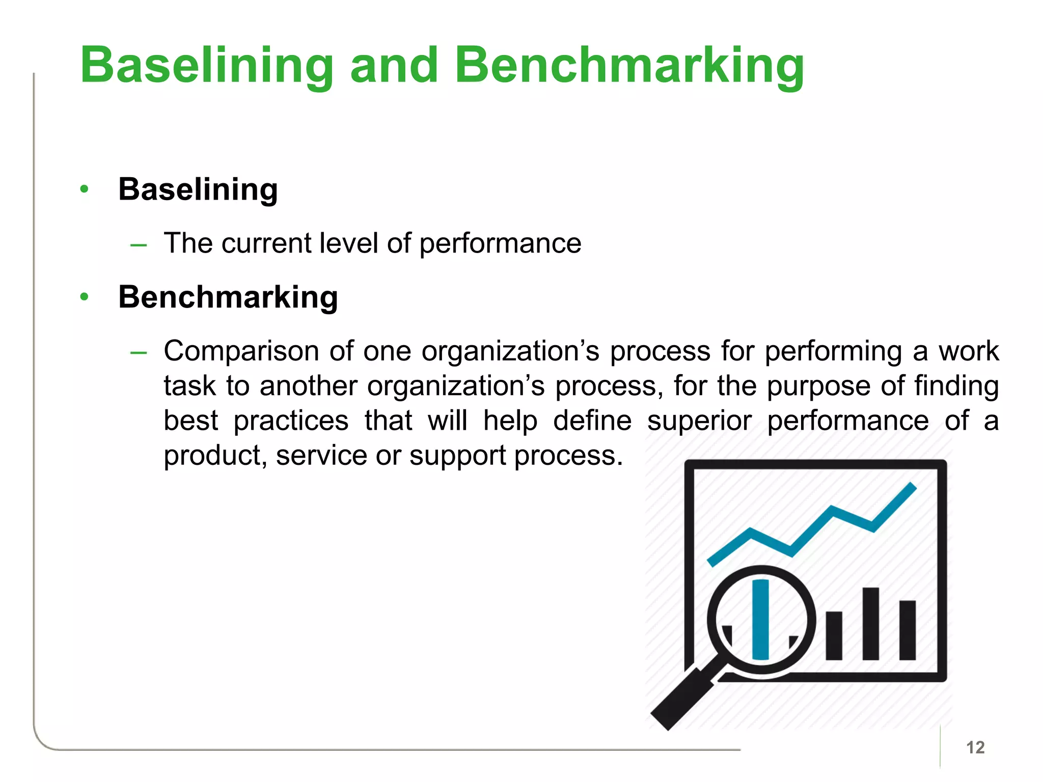 • Baselining
– The current level of performance
• Benchmarking
– Comparison of one organization’s process for performing a work
task to another organization’s process, for the purpose of finding
best practices that will help define superior performance of a
product, service or support process.
Baselining and Benchmarking
12
 
