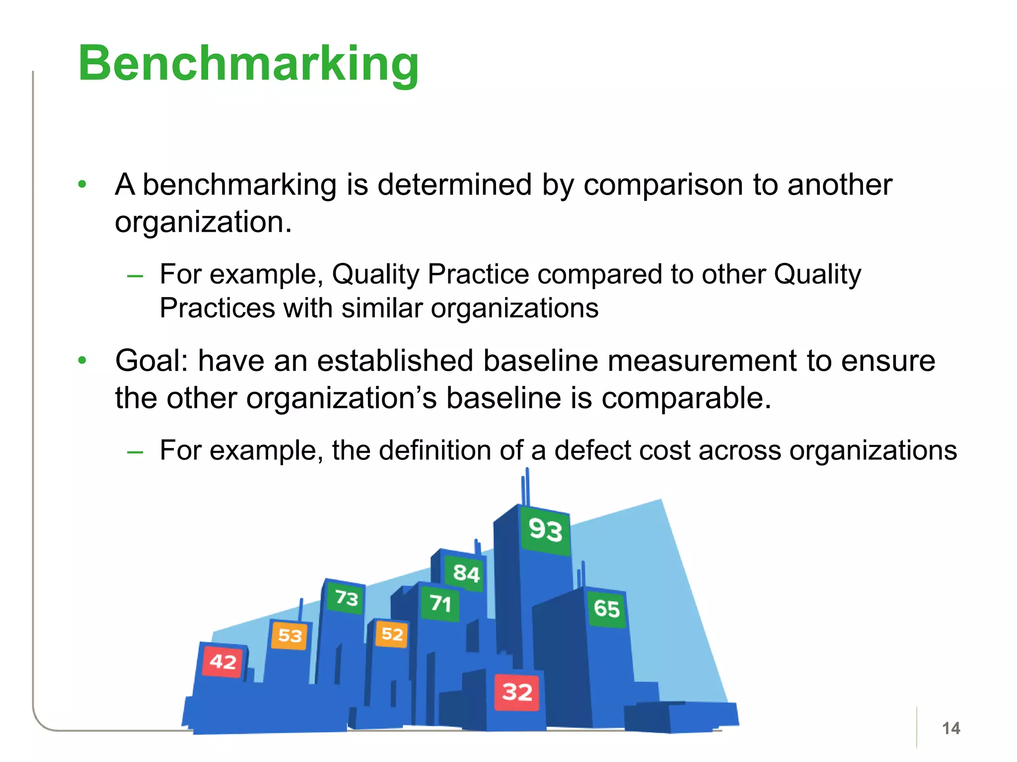 • A benchmarking is determined by comparison to another
organization.
– For example, Quality Practice compared to other Quality
Practices with similar organizations
• Goal: have an established baseline measurement to ensure
the other organization’s baseline is comparable.
– For example, the definition of a defect cost across organizations
Benchmarking
14
 
