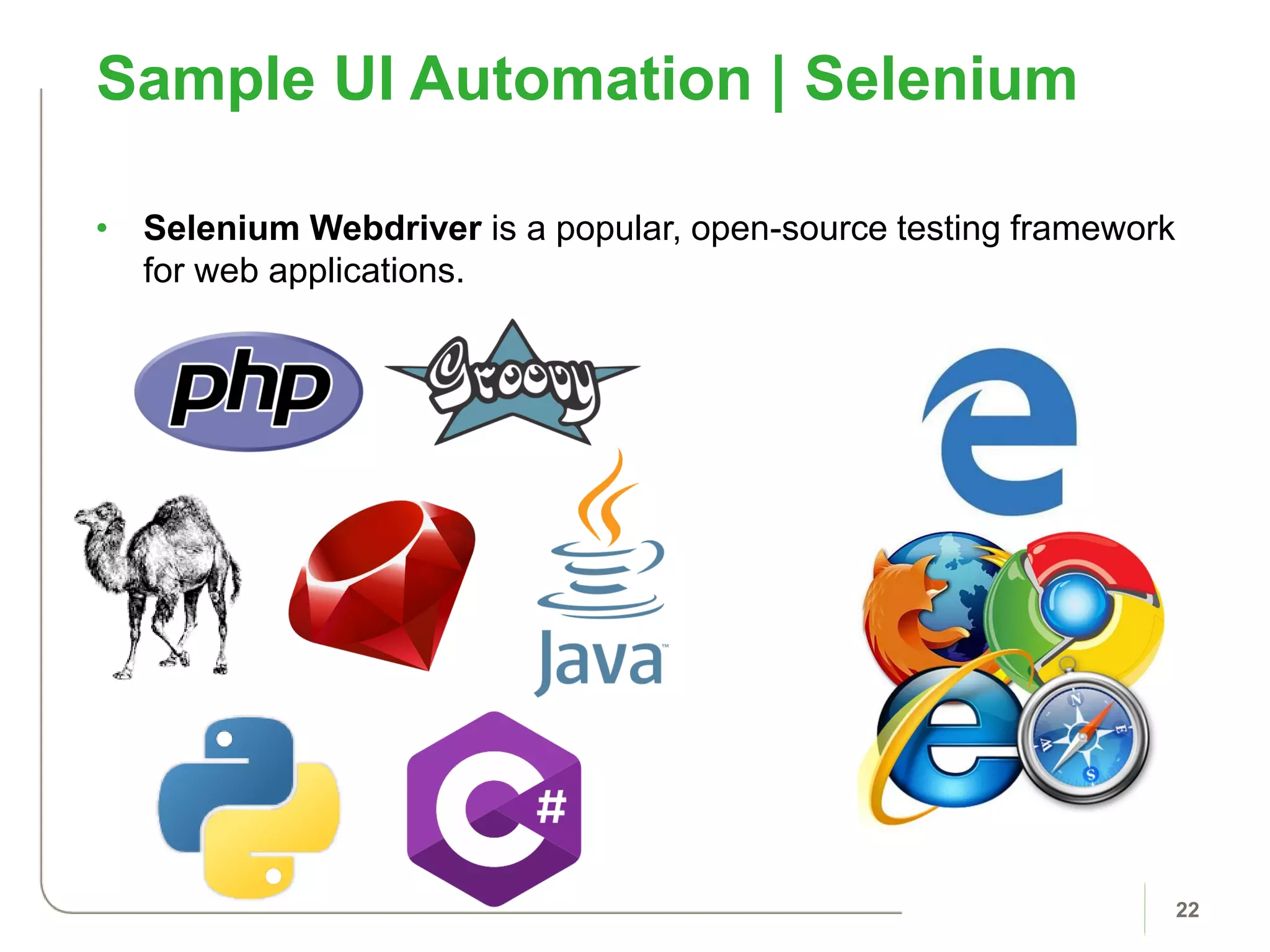 Sample UI Automation | Selenium
22
• Selenium Webdriver is a popular, open-source testing framework
for web applications.
 