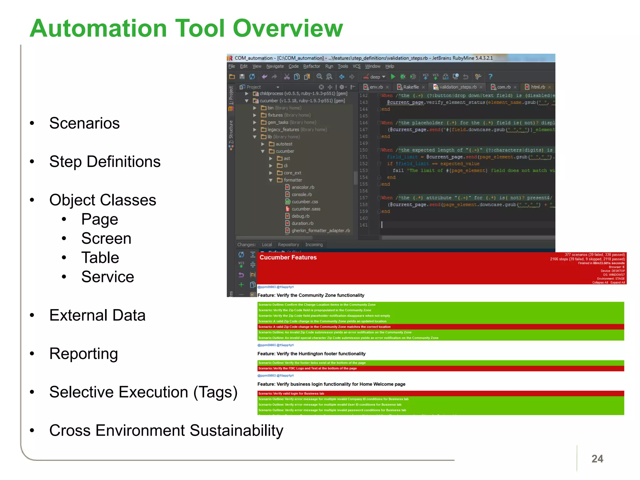 24
Automation Tool Overview
• Scenarios
• Step Definitions
• Object Classes
• Page
• Screen
• Table
• Service
• External Data
• Reporting
• Selective Execution (Tags)
• Cross Environment Sustainability
 