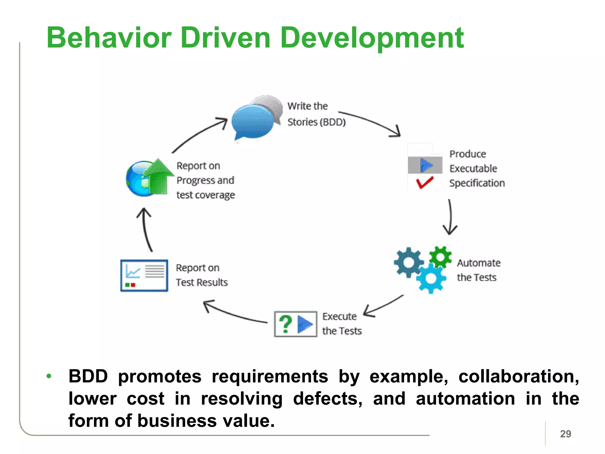 • BDD promotes requirements by example, collaboration,
lower cost in resolving defects, and automation in the
form of business value.
Behavior Driven Development
29
 