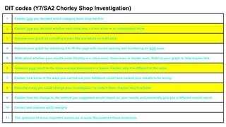 1 Explain how you decided which category each shop went in.
2 Explain how you decided whether each shop was a chain store or an independent store.
3 Improve your graph by including a main title and labels on both axes.
4 Improve your graph by redrawing it to fill the page with correct spacing and numbering on both axes.
5 Write about whether your results mean Chorley is a clone town, home town or border town. Refer to your graph to help explain this.
6 Compare your result to the class average discussed in a lesson. Explain why it is different or the same.
7 Explain how some of the ways you carried out your fieldwork could have caused your results to be wrong.
8 Describe a way you could change your investigation to make it fairer. Explain why it is fairer.
9 Explain how the change to the method you suggested would impact on your results and potentially give you a different overall result.
10 Correct and improve sp/CL/ww/gr/p
11 The grammar of some important sentences is weak. Reconstruct these sentences.
DIT codes (Y7/SA2 Chorley Shop Investigation)
 
