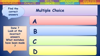 KNOWLEDGE UNDERSTANDING RECALL APPLICATION ANALYSIS
DISCUSSDERIVECREATEEVALUTESYNTHESIS
Multiple Choice
Find the
correct
answers
A
B
C
D
Done ?
Look at the
incorrect
answers
What mistakes
have been made
?
 