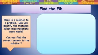 KNOWLEDGE UNDERSTANDING RECALL APPLICATION ANALYSIS
DISCUSSDERIVECREATEEVALUTESYNTHESIS
Find the Fib
Here is a solution to
a problem. Can you
identify the mistakes.
What misconceptions
were made?
Can you find the
correct answer to the
solution ?
 